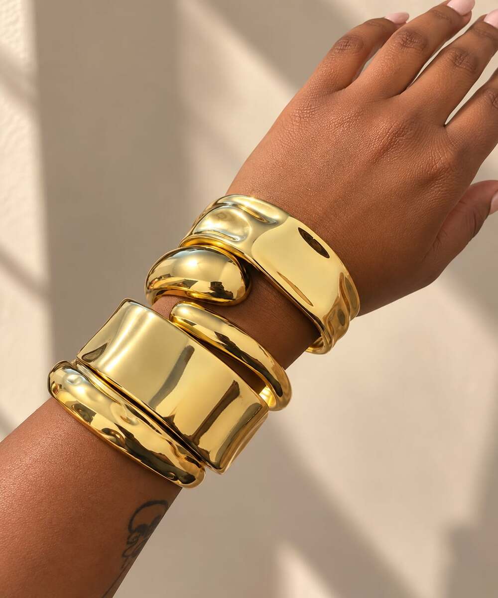 Maximalist Sculptural Gold Cuff Bracelet Set Chunky Statement Jewelry 4pc